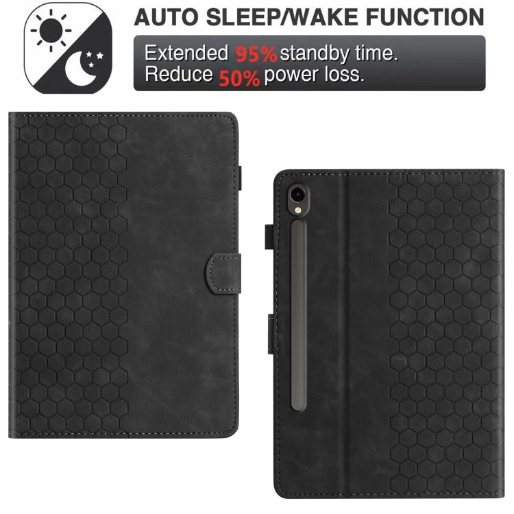 For Samsung Galaxy Tab S9 / S9 FE Honeycomb Embossed Leather Smart Tablet Case(Black)