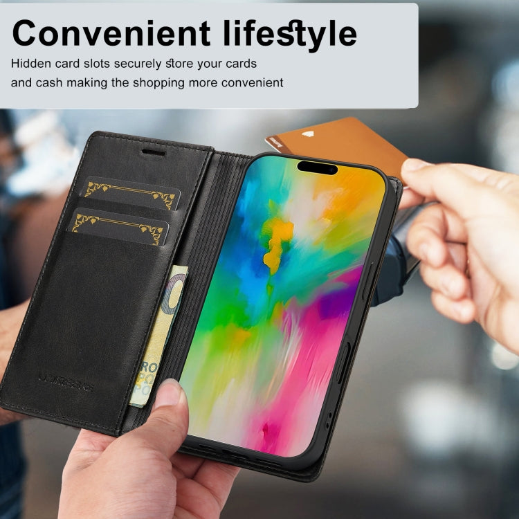 For iPhone 16 LC.IMEEKE RFID Anti-theft Leather Phone Case(Black)