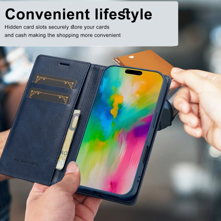 For iPhone 16 LC.IMEEKE RFID Anti-theft Leather Phone Case(Blue)