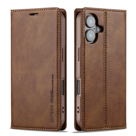 For iPhone 16 LC.IMEEKE RFID Anti-theft Leather Phone Case(Brown)