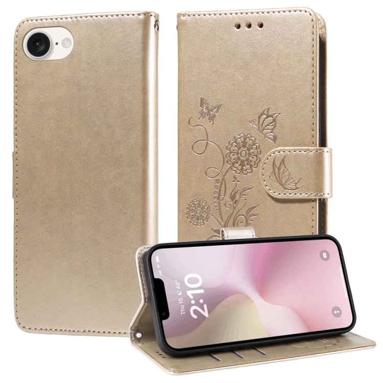 For iPhone 16e Embossed Butterfly Flowers Leather Phone Case(Gold)
