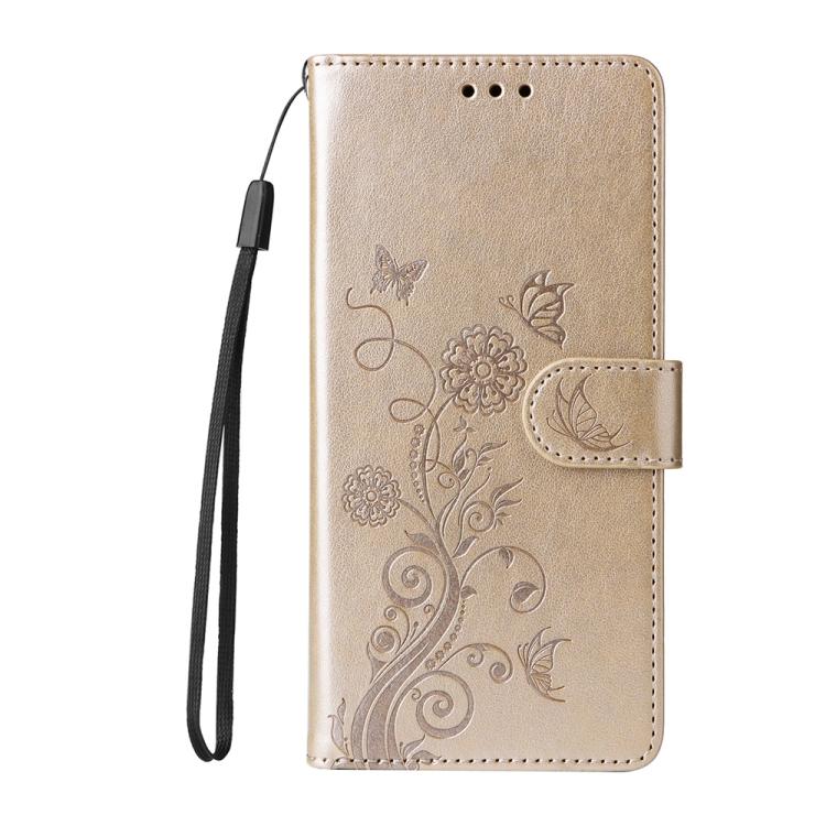 For iPhone 16e Embossed Butterfly Flowers Leather Phone Case(Gold)