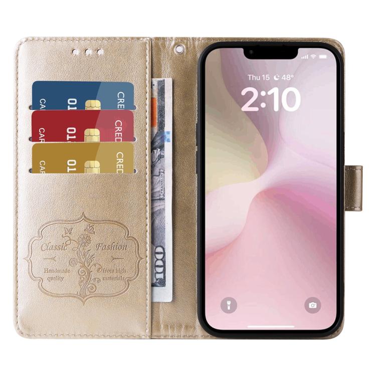 For iPhone 16e Embossed Butterfly Flowers Leather Phone Case(Gold)