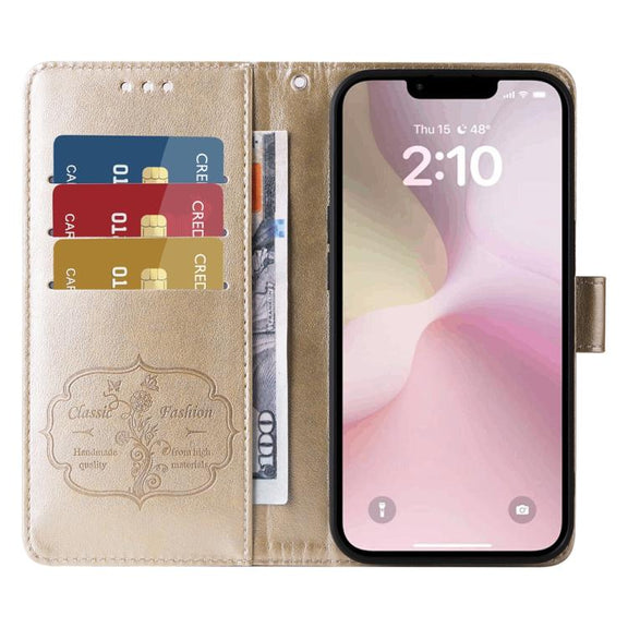 For iPhone 16e Embossed Butterfly Flowers Leather Phone Case(Gold)