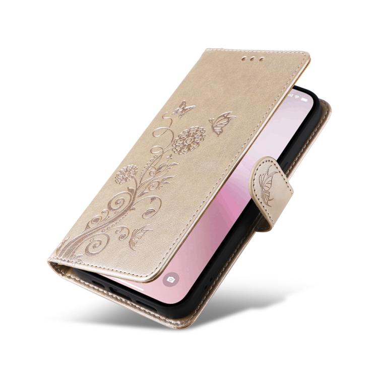 For iPhone 16e Embossed Butterfly Flowers Leather Phone Case(Gold)
