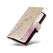 For iPhone 16e Embossed Butterfly Flowers Leather Phone Case(Gold)