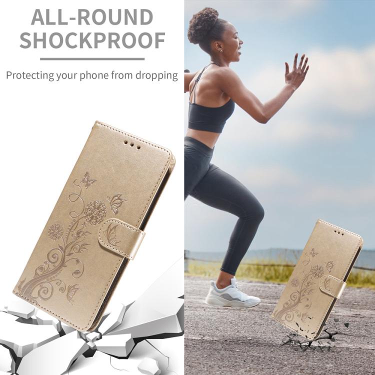 For iPhone 16e Embossed Butterfly Flowers Leather Phone Case(Gold)