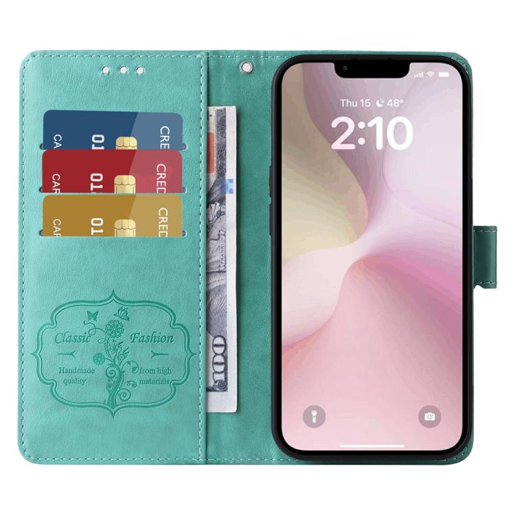 For iPhone 16e Embossed Butterfly Flowers Leather Phone Case(Green)