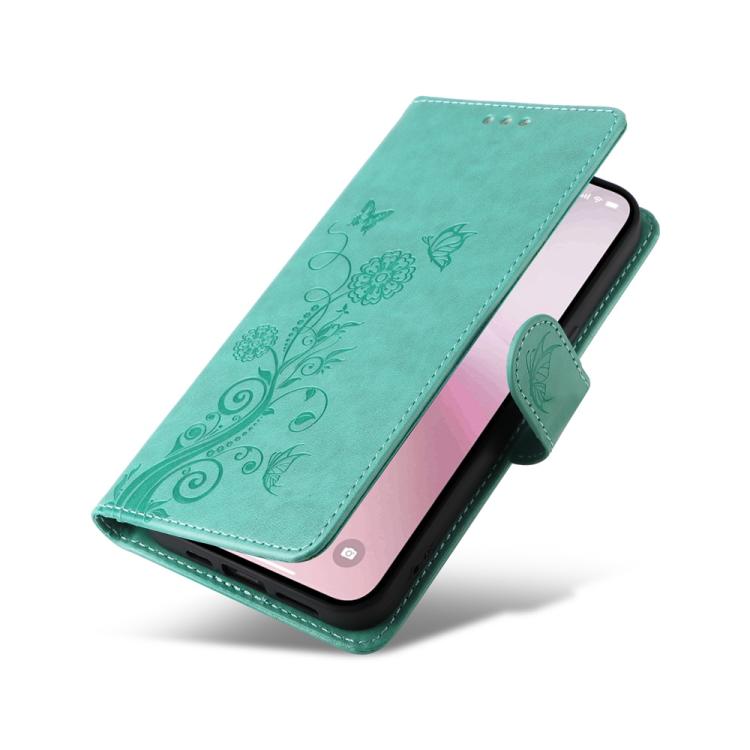For iPhone 16e Embossed Butterfly Flowers Leather Phone Case(Green)