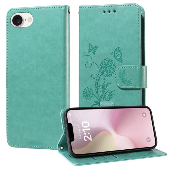For iPhone 16e Embossed Butterfly Flowers Leather Phone Case(Green)