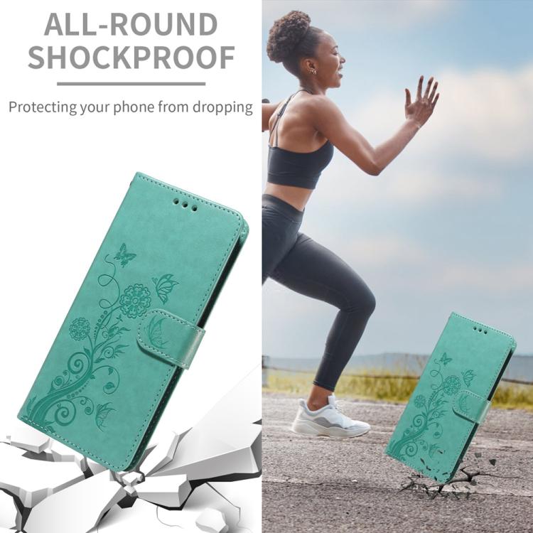 For iPhone 16e Embossed Butterfly Flowers Leather Phone Case(Green)