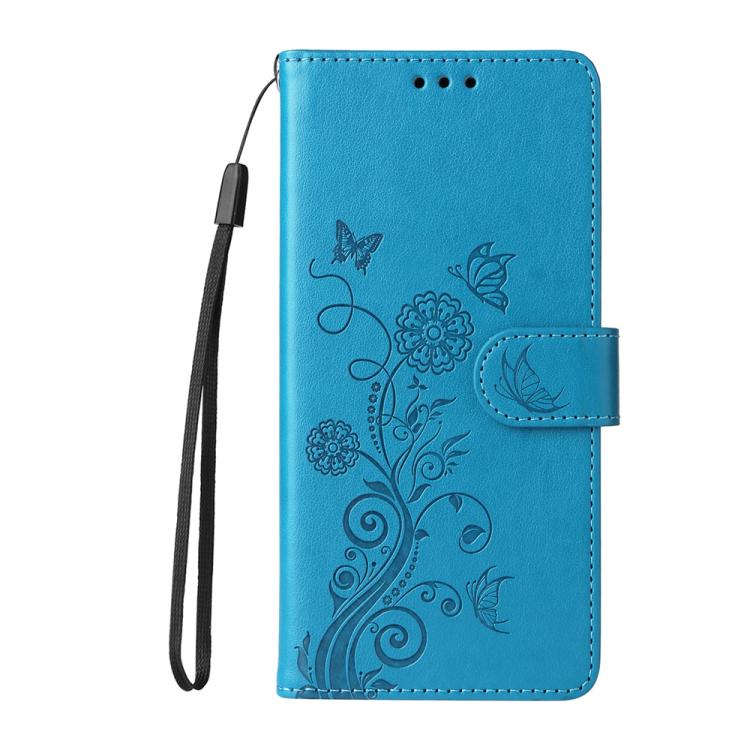 For iPhone 16e Embossed Butterfly Flowers Leather Phone Case(Blue)