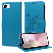 For iPhone 16e Embossed Butterfly Flowers Leather Phone Case(Blue)