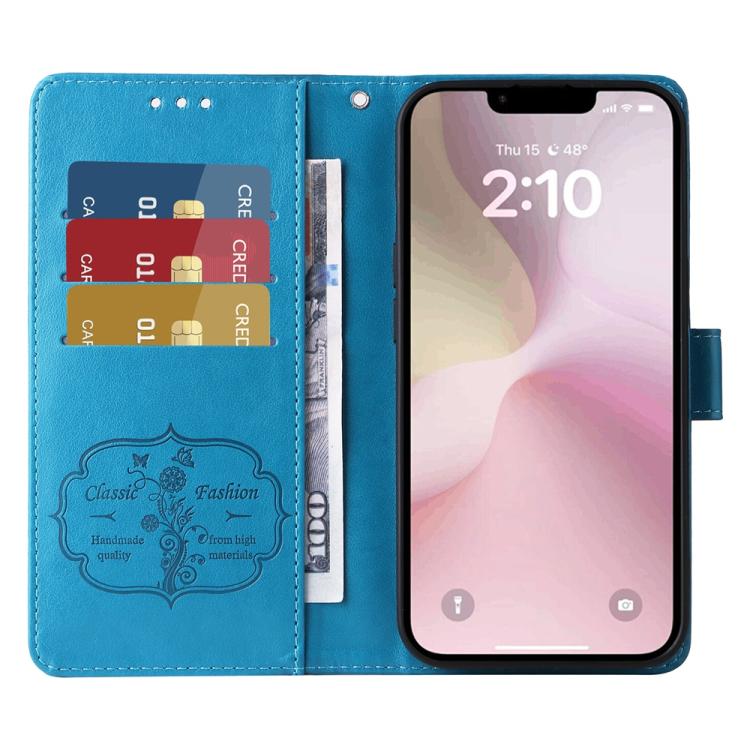For iPhone 16e Embossed Butterfly Flowers Leather Phone Case(Blue)