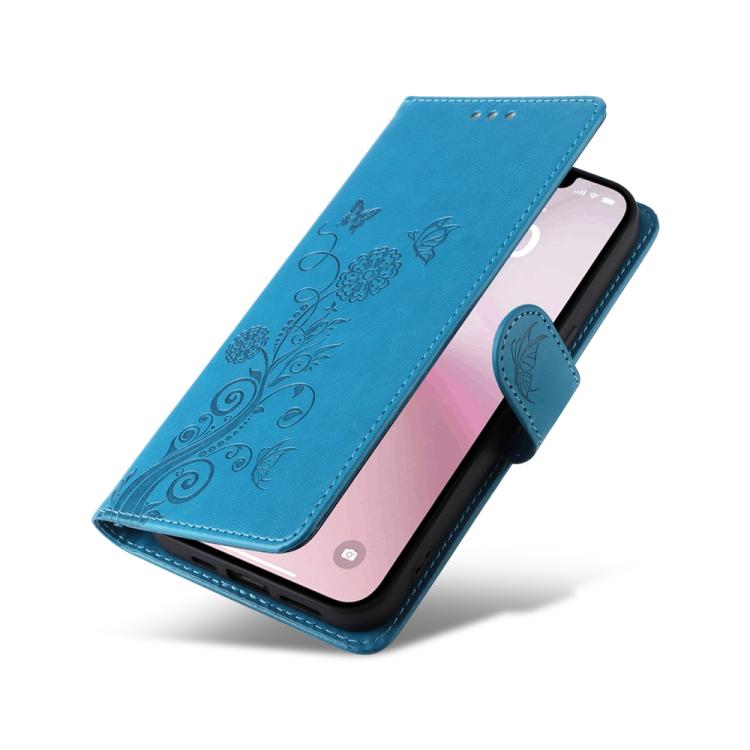 For iPhone 16e Embossed Butterfly Flowers Leather Phone Case(Blue)