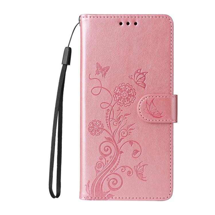 For iPhone 16e Embossed Butterfly Flowers Leather Phone Case(Rose Gold)