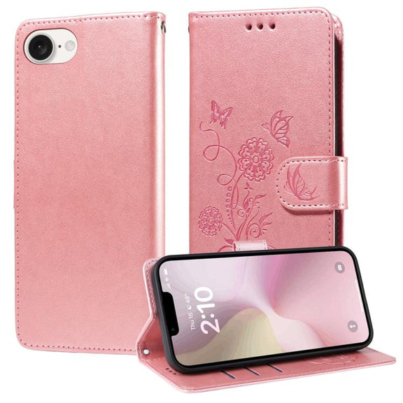 For iPhone 16e Embossed Butterfly Flowers Leather Phone Case(Rose Gold)