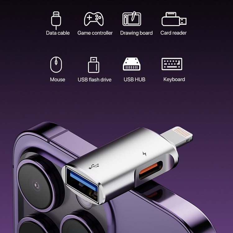 8 Pin to USB, USB-C / Type-C OTG Adapter(Silver)