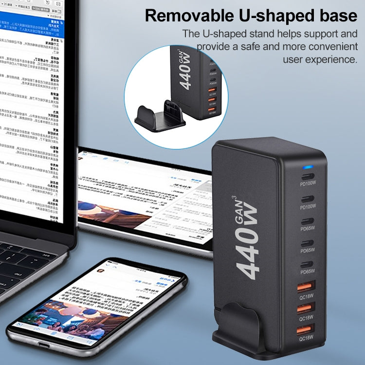 440W GaN USB Power Adapter Travel Charger with 3 x USB, 5 x PD Port, Plug:EU Plug(Black)