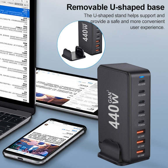 440W GaN USB Power Adapter Travel Charger with 3 x USB, 5 x PD Port, Plug:EU Plug(Black)
