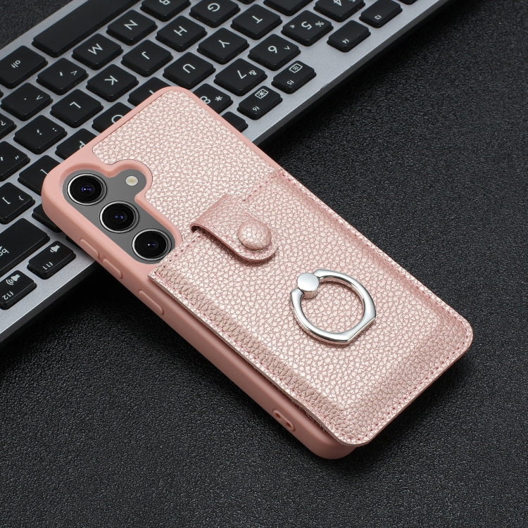 For Samsung Galaxy S25+ 5G Litchi Texture Drawing Card Bag Ring Holder Phone Case(Rose Gold)