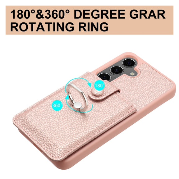 For Samsung Galaxy S25+ 5G Litchi Texture Drawing Card Bag Ring Holder Phone Case(Rose Gold)