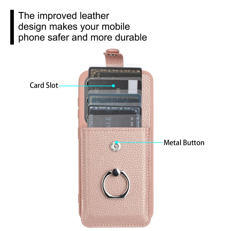 For Samsung Galaxy S25+ 5G Litchi Texture Drawing Card Bag Ring Holder Phone Case(Rose Gold)