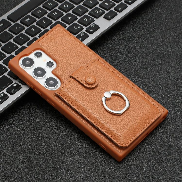 For Samsung Galaxy S25 Ultra 5G Litchi Texture Drawing Card Bag Ring Holder Phone Case(Brown)