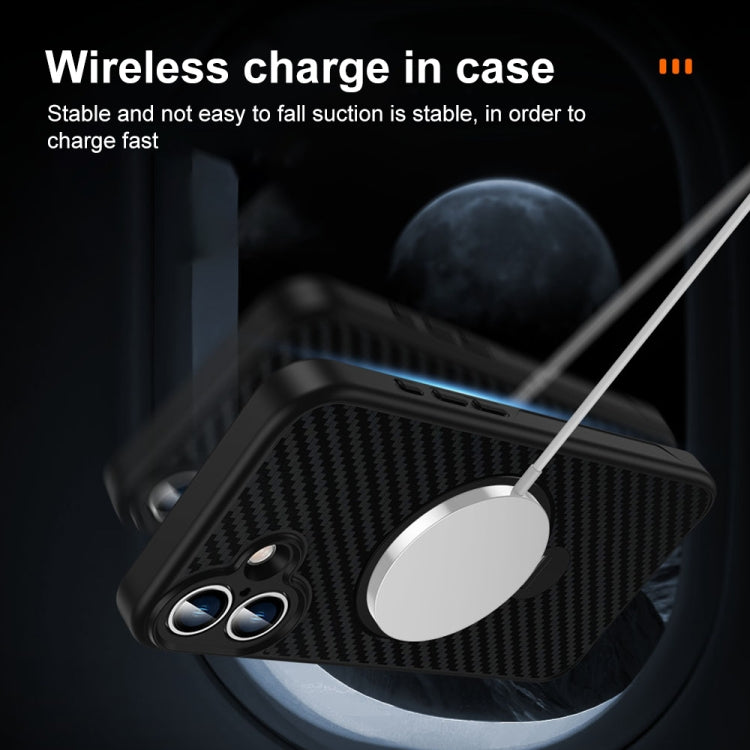 For iPhone 16 Plus Carbon Fiber MagSafe 360 Degree Rotating Holder Phone Case(Black)