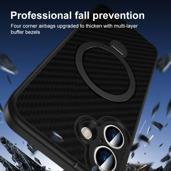 For iPhone 16 Plus Carbon Fiber MagSafe 360 Degree Rotating Holder Phone Case(Black)