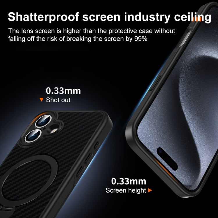 For iPhone 16 Carbon Fiber MagSafe 360 Degree Rotating Holder Phone Case(Black)