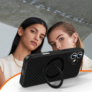 For iPhone 16 Pro Max Carbon Fiber MagSafe 360 Degree Rotating Holder Phone Case(Black)