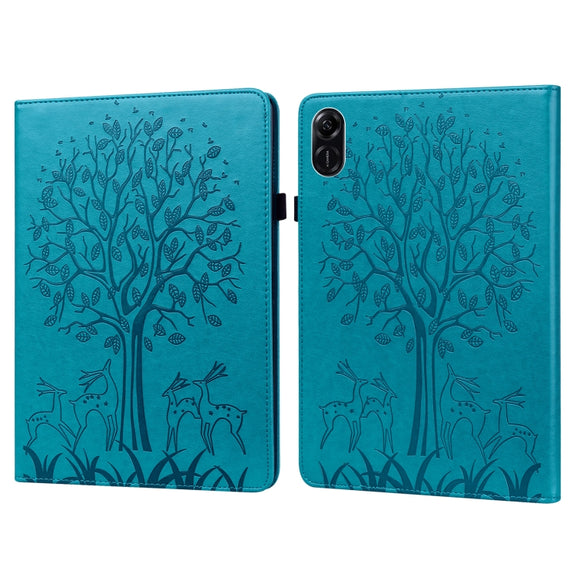 For Honor Pad X9 Tree & Deer Embossed Leather Tablet Case(Blue)