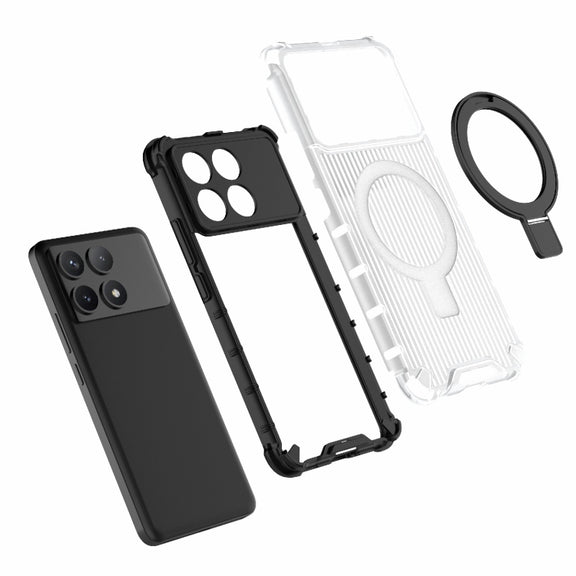 For Redmi K70 5G Grating Holder Shockproof Phone Case(Transparent Black)