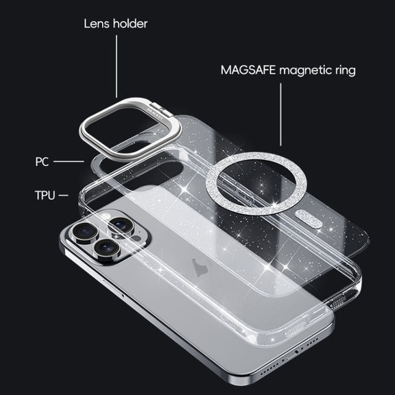 For iPhone 16 Shiny Shield MagSafe Lens Holder Phone Case(Blue)