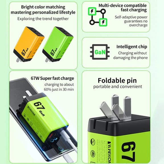 WK WP-U157 67W USB-C / Type-Cx2, USB GaN Fast Charger, Plug Type:UK Plug(Green)
