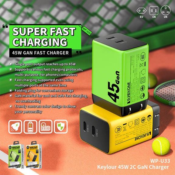 WK WP-U33 45W USB-C / Type-Cx2 GaN Fast Charger, Plug Type:UK Plug(Yellow)