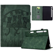 For Samsung Galaxy Tab S9 / S9 FE Cats Embossed Leather Smart Tablet Case(Green)