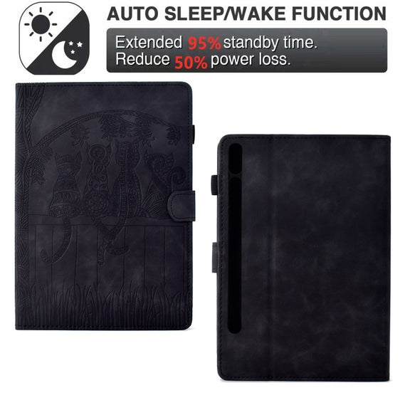 For Samsung Galaxy Tab S9 / S9 FE Cats Embossed Leather Smart Tablet Case(Black)