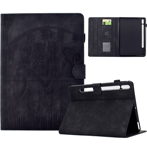 For Samsung Galaxy Tab S9 / S9 FE Cats Embossed Leather Smart Tablet Case(Black)