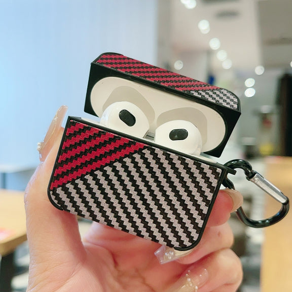 For AirPods Pro Carbon Fibre Texture PU Earbuds Box PC Case with Hook(Red)