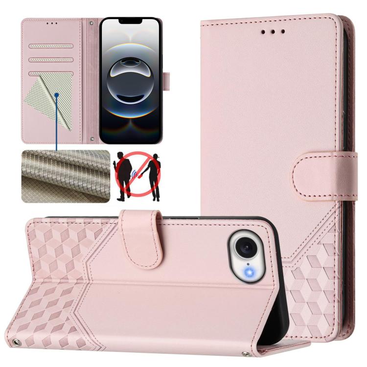 For iPhone 16e Honeycomb Embossing RFID Leather Phone Case(Pink)