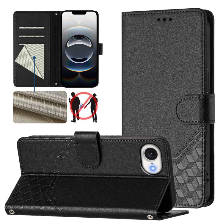 For iPhone 16e Honeycomb Embossing RFID Leather Phone Case(Black)