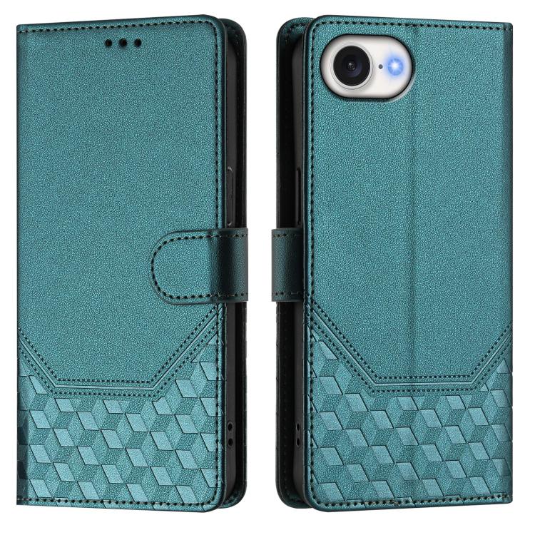 For iPhone 16e Honeycomb Embossing RFID Leather Phone Case(Peacock Green)