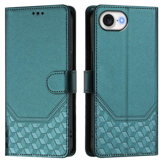 For iPhone 16e Honeycomb Embossing RFID Leather Phone Case(Peacock Green)