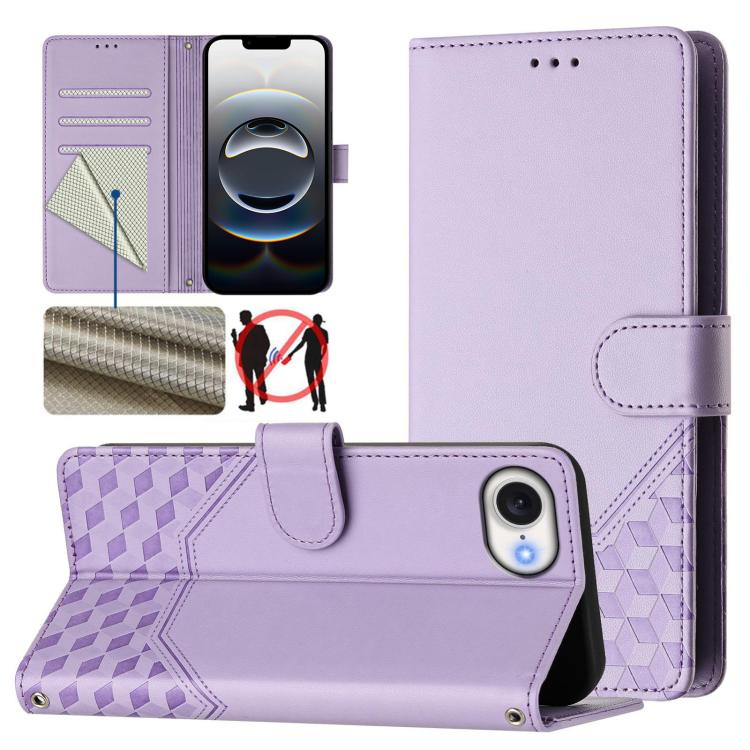 For iPhone 16e Honeycomb Embossing RFID Leather Phone Case(Light Purple)