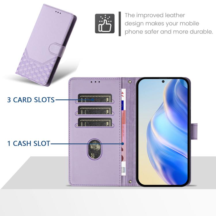 For iPhone 16e Honeycomb Embossing RFID Leather Phone Case(Light Purple)