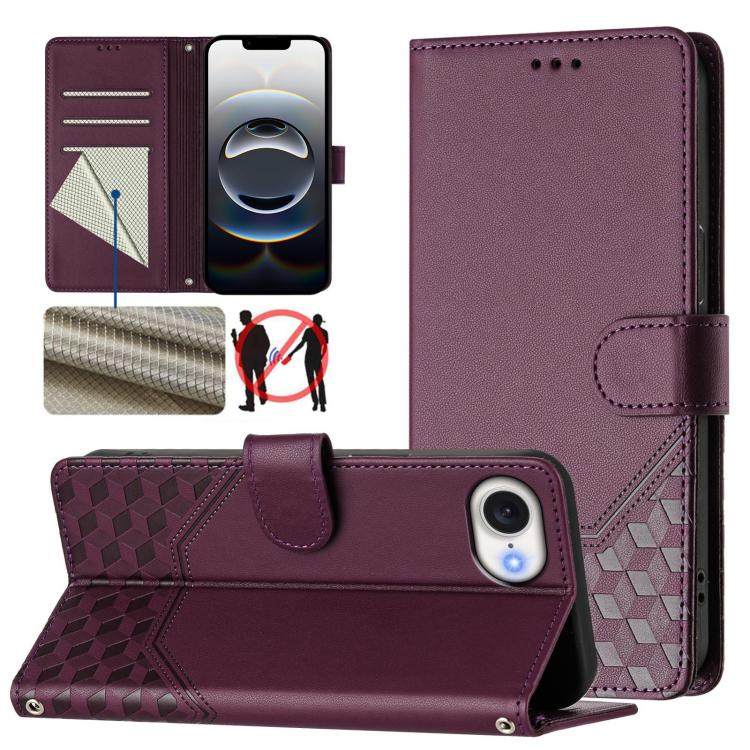 For iPhone 16e Honeycomb Embossing RFID Leather Phone Case(Violet)