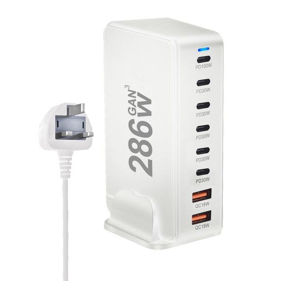YMX-986 286W 6 Type-C, 2 USB 8-Ports Desktop Fast Charger, Plug Type:UK Plug(White)