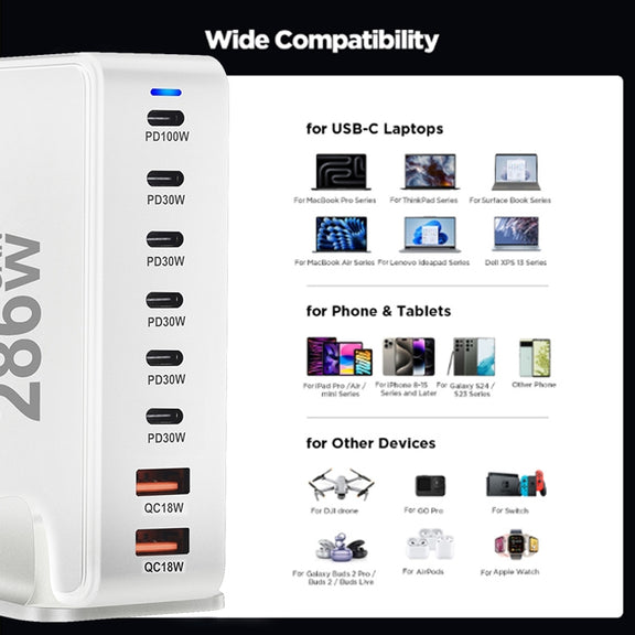 YMX-986 286W 6 Type-C, 2 USB 8-Ports Desktop Fast Charger, Plug Type:UK Plug(White)